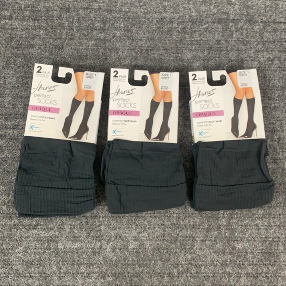 Hanes Perfect Socks Opaque Size 1 Grey Enhanced Toe Comfort Flex Band 6 Pairs